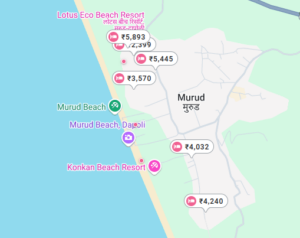 Map showing beach resorts and prices in Murud, India.