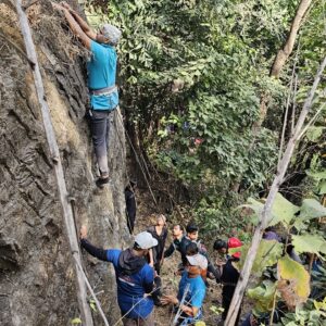 Group rock climbing in forest