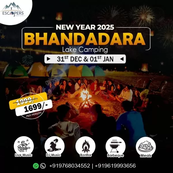 Bhandardara New Year camping event with bonfire, music.