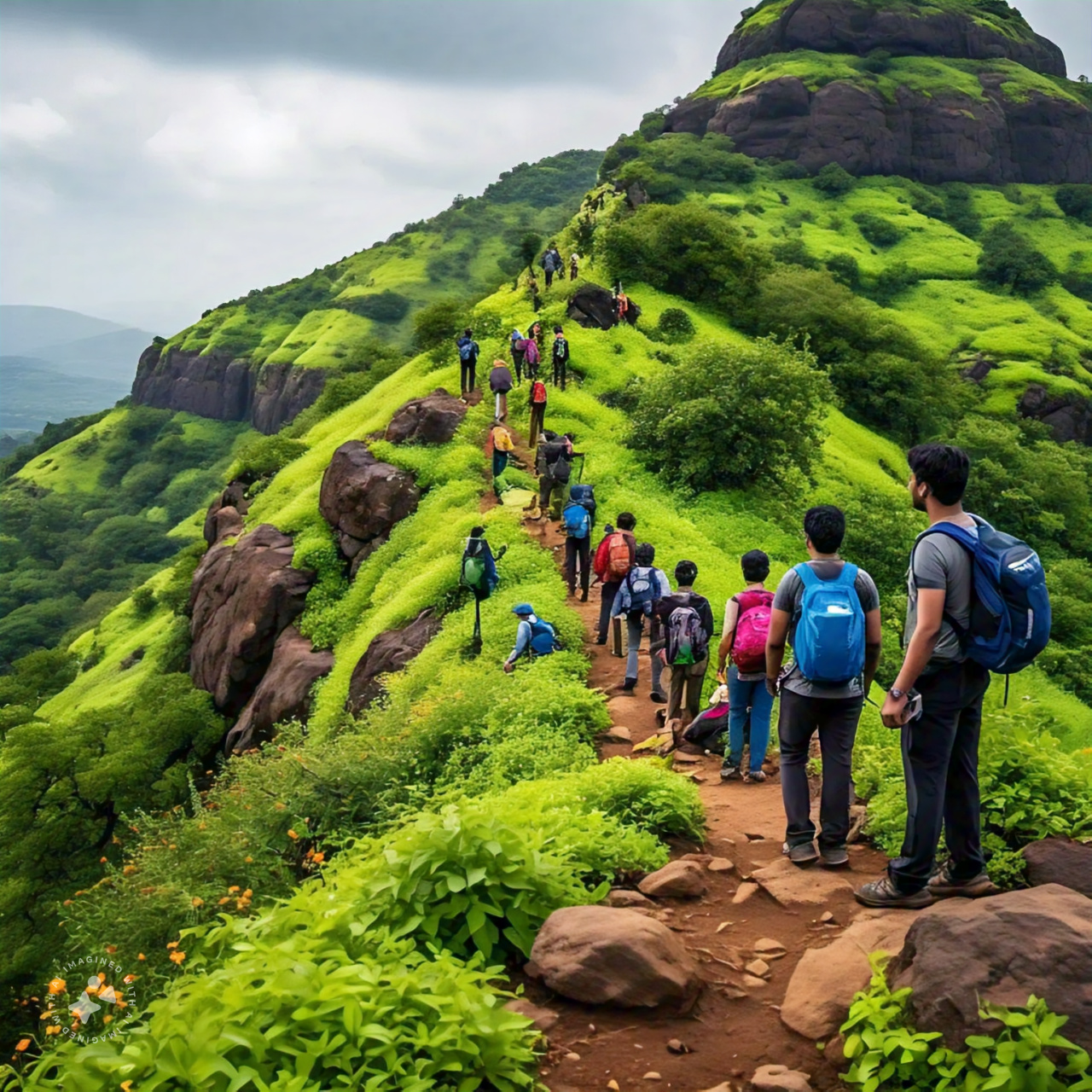 Hikers ascending lush green hillside trail.