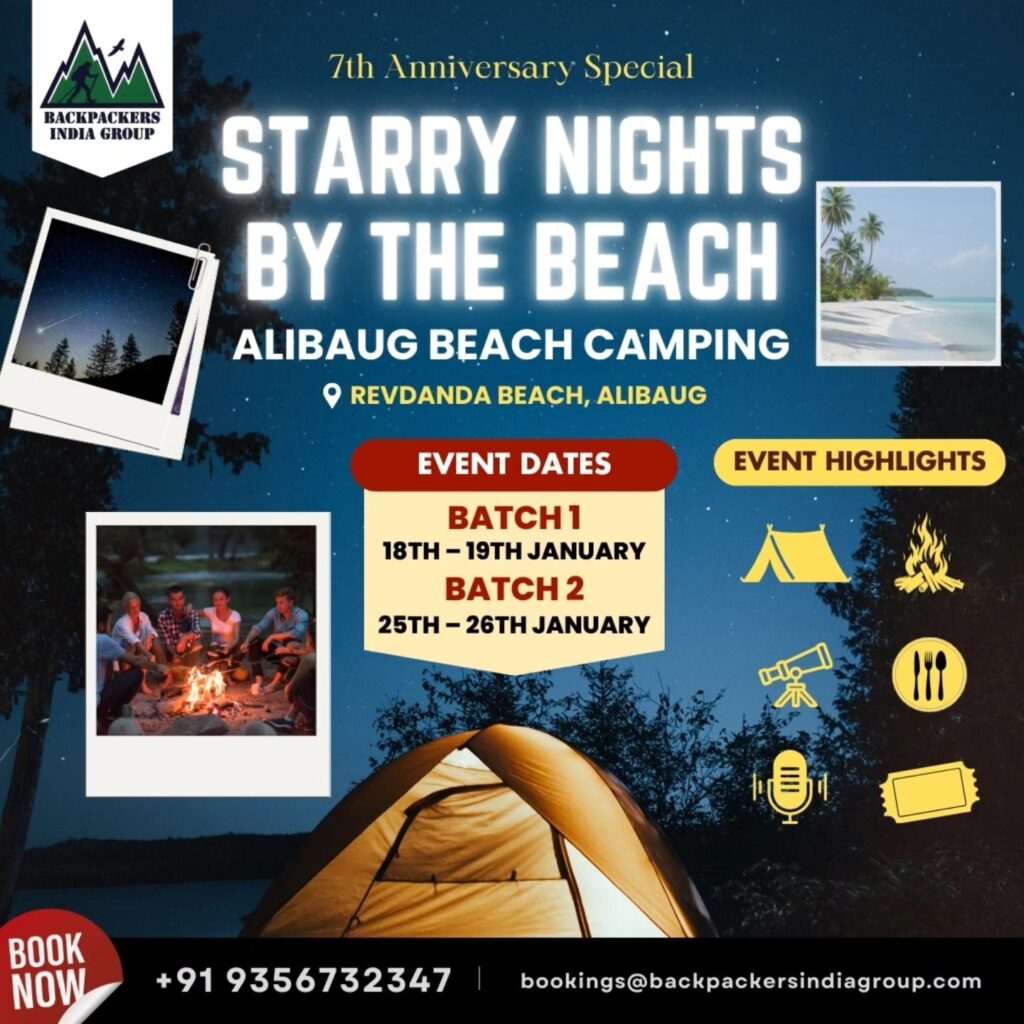 Starry beach camping event in Alibaug, January dates.