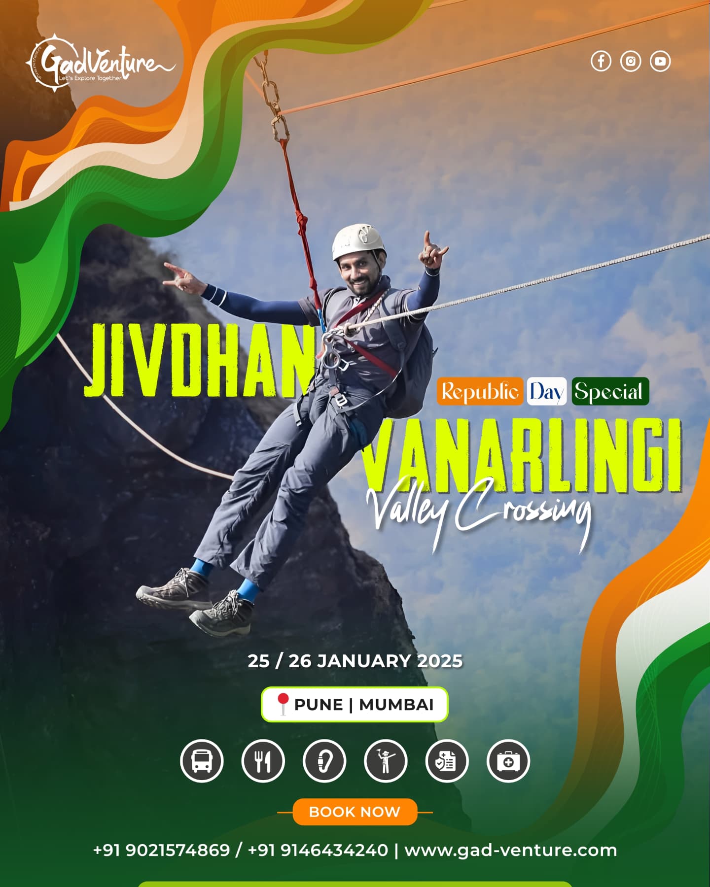 Man ziplining, Jivdhan Vanarlingi event, January 2025.