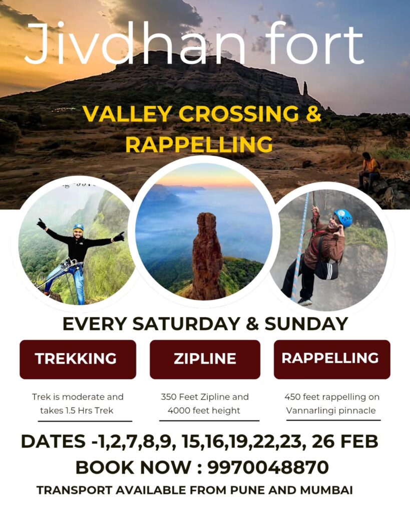 Adventure activities at Jivdhan Fort: trekking, zipline, rappelling