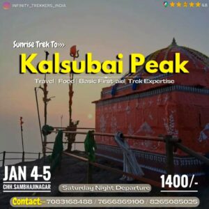 Kalsubai Peak trek advertisement with contact details.