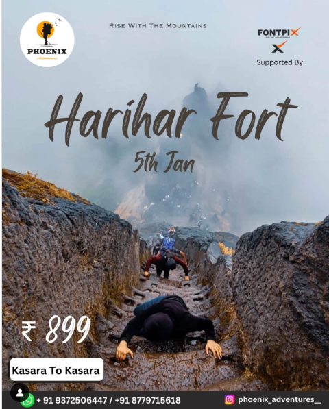 Adventure climb at Harihar Fort tour promotion.