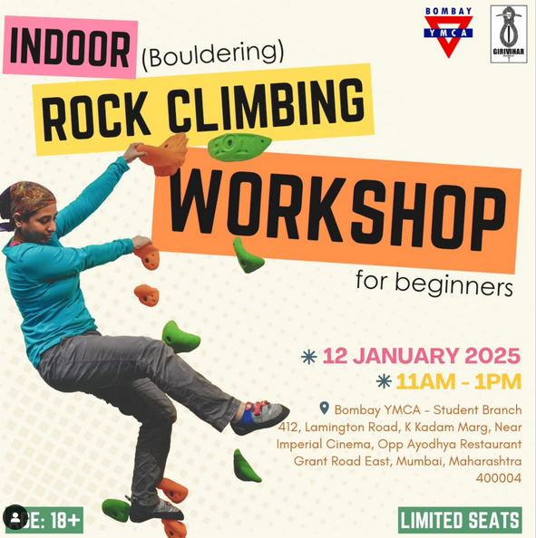 Indoor bouldering workshop for beginners at Bombay YMCA.