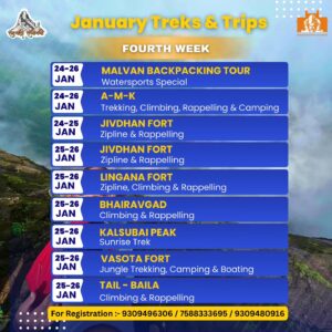 January treks and trips schedule, fourth week.