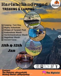 Harishchandragad trekking camping event details with contact info.