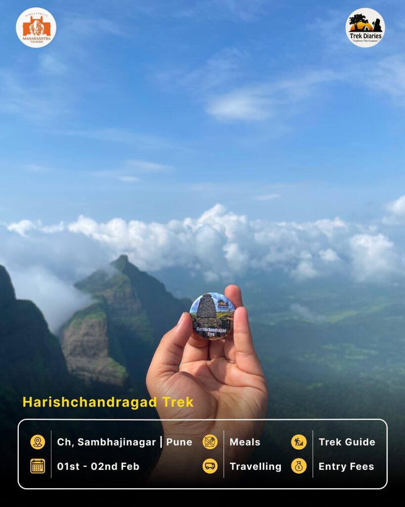 Hand holding badge with Harishchandragad Trek information.