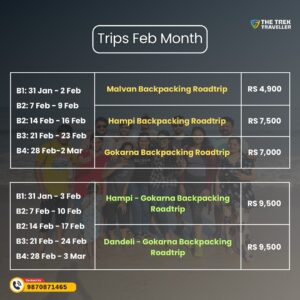 February trips: Malvan, Hampi, Gokarna, Dandeli roadtrips.