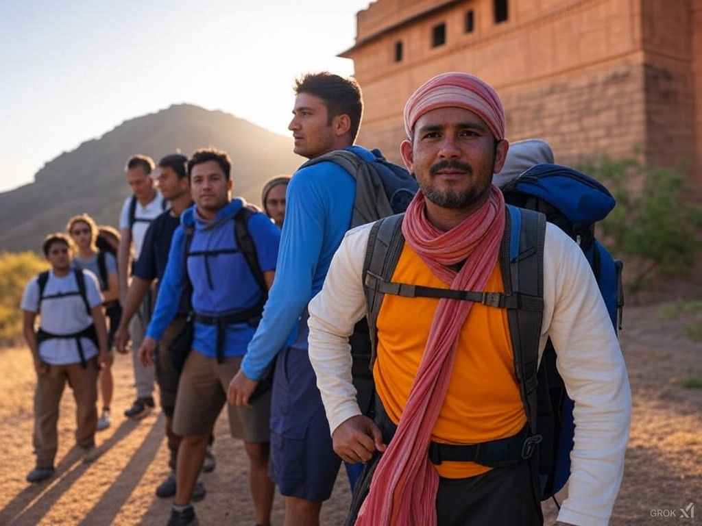 Group of hikers on desert trail near structure