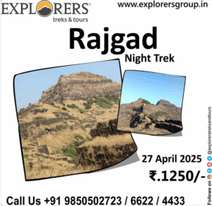 Rajgad night trek flyer with date and price.