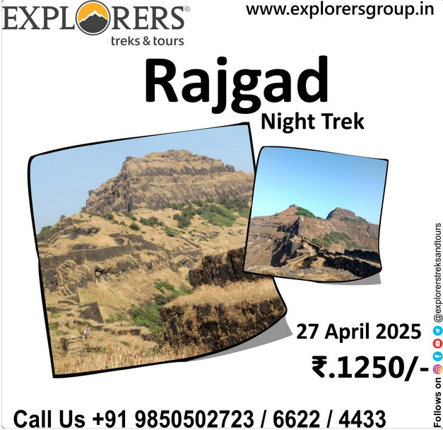 Rajgad night trek flyer with date and price.