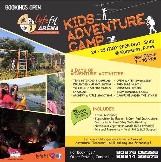 Kids adventure camp flyer with activities and contact info.