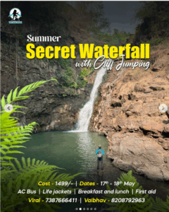 Summer waterfall adventure with cliff jumping experience.