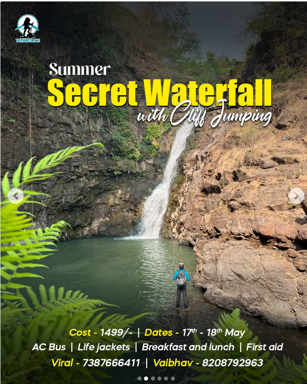 Summer waterfall adventure with cliff jumping experience.