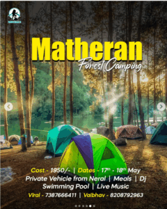 Matheran forest camping tents and trees at sunset.