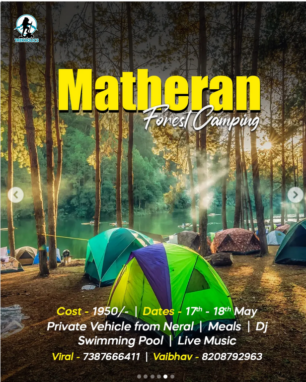 Matheran forest camping tents and trees at sunset.