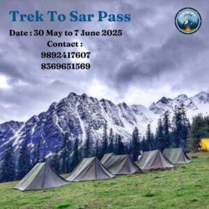 Sar Pass trek tents in mountain landscape.