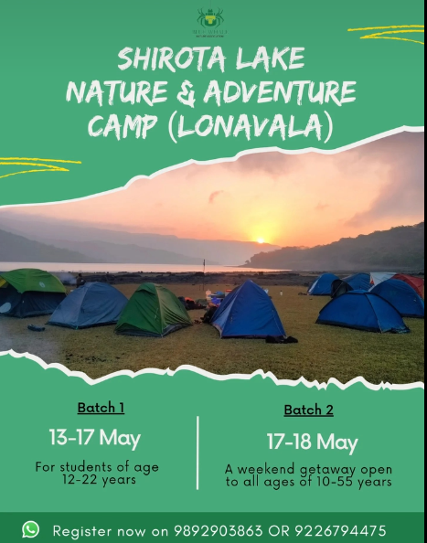 Shirota Lake Adventure Camp flyer with tents and sunset.