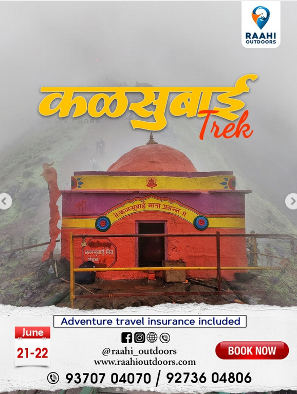 Kalsubai Trek with colorful temple and misty backdrop.