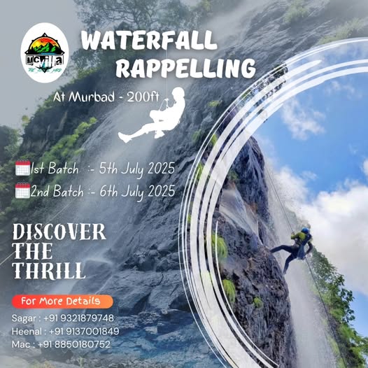 Waterfall rappelling event in Murbad, July 2025.