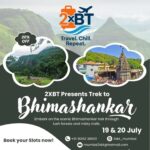Bhimashankar trek ad with scenery and temple images.