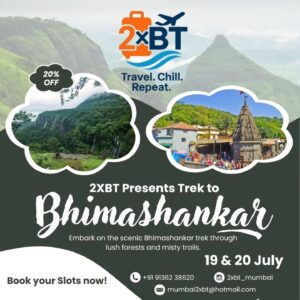 Bhimashankar trek ad with scenery and temple images.