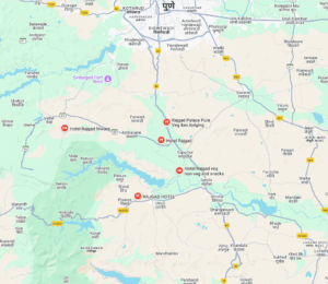 rajgad Map showing hotels near Pune, Maharashtra.