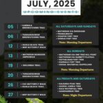July 2025 outdoor trekking and birdwatching events schedule.
