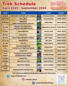Trek schedule for April to September 2025.