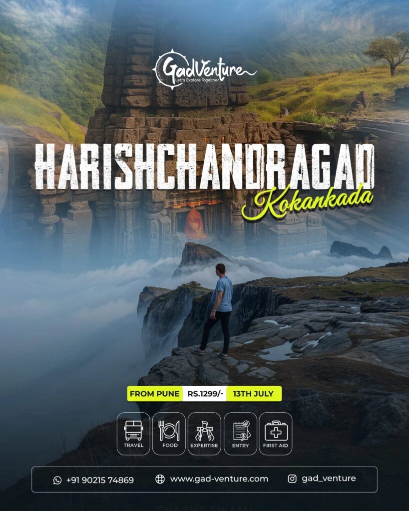 Harishchandragad trek poster with travel details.