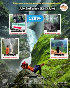 SahyadriMates July trek event flyer with waterfall views.