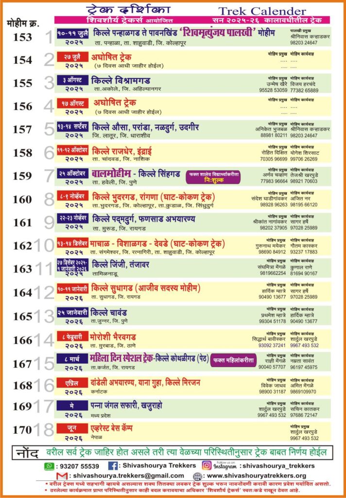 Shivashourya Trekkers 2024-25 trekking calendar details.