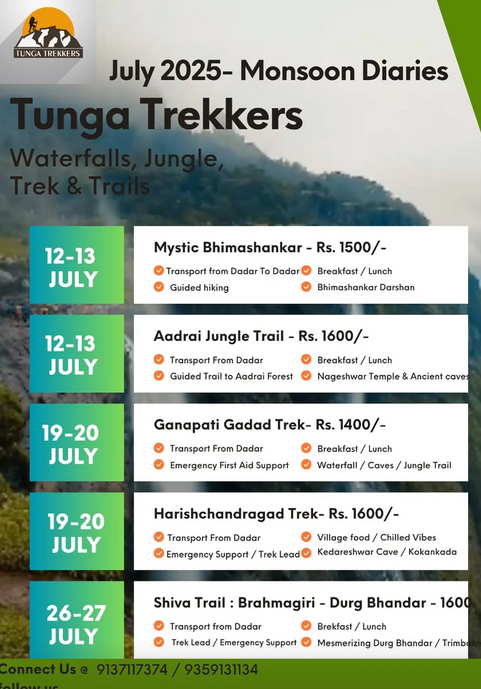 Tunga Trekkers July 2025 trekking events calendar.