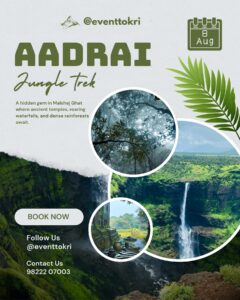 Aadrai jungle trek event poster with waterfalls.