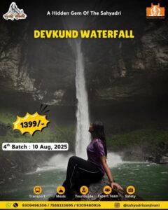 Woman sitting by Devkund Waterfall, tour info displayed.