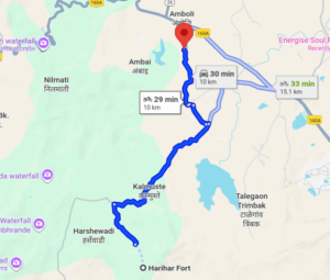 Route map to Harihar Fort, Maharashtra.