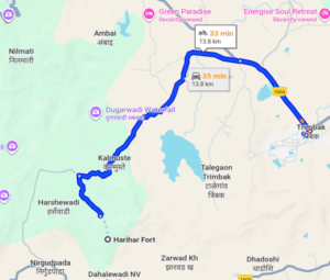 Map showing route from Trimbak to Harihar Fort.