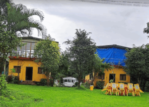 Yellow houses, green yard, and stack of chairs.