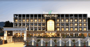 Elegant resort building during sunset