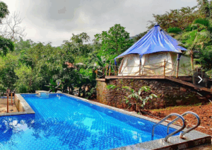 Tent beside swimming pool in forest retreat