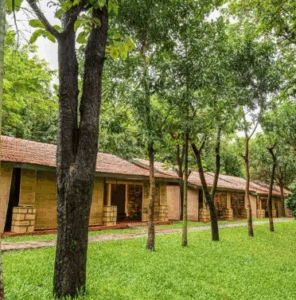 Rustic cottages surrounded by lush green trees.