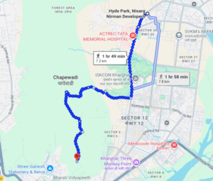 Walking routes from hospital to Chapewadi on map