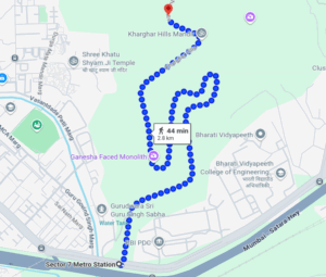 Walking route from Sector 7 to Kharghar Hills Mandir.