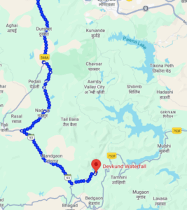 Map showing route to Devkund Waterfall, Maharashtra.