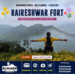 Woman overlooking Raireswhar Fort with flowers.