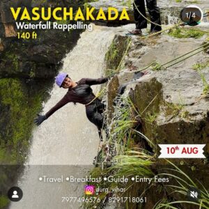 Person rappelling beside Vasuchakada waterfall.