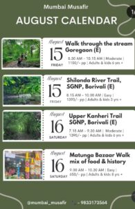 August hiking events and walks in Mumbai Musafir calendar.