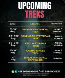 Upcoming treks in August with locations and contacts.